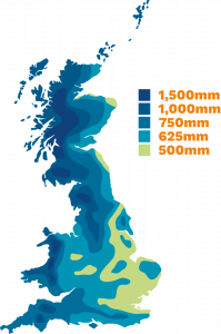 graphic showing annual rainfall in mm per year in the UK