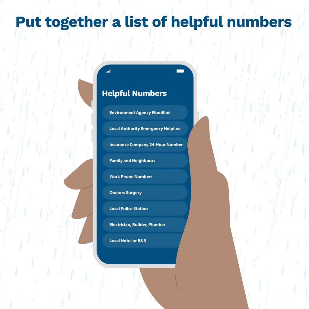 A phone showing a list of helpful numbers to use in a flood 